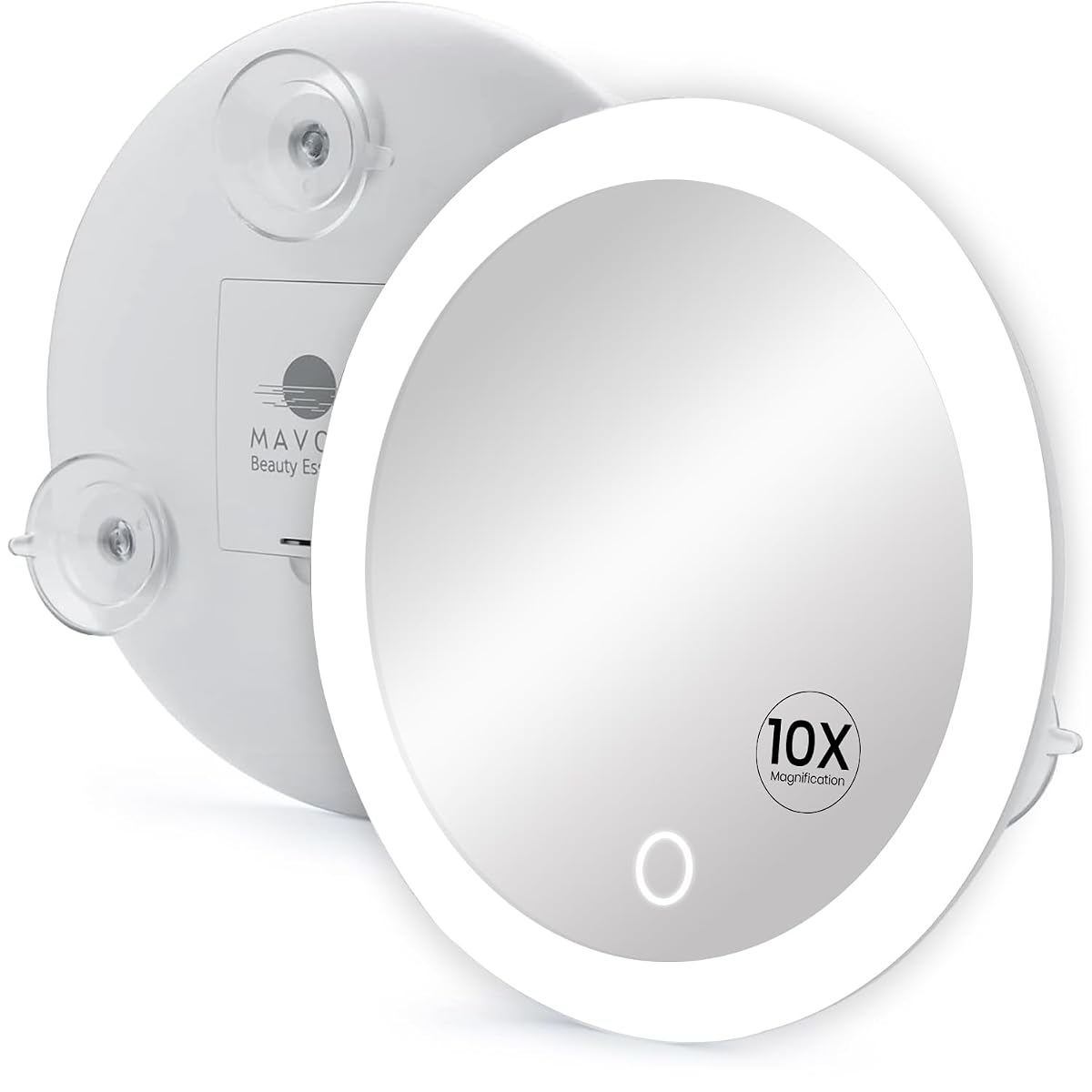 Miroir grossissant rond Mavoro avec anneau LED, fixé sur un carreau clair de salle de bain