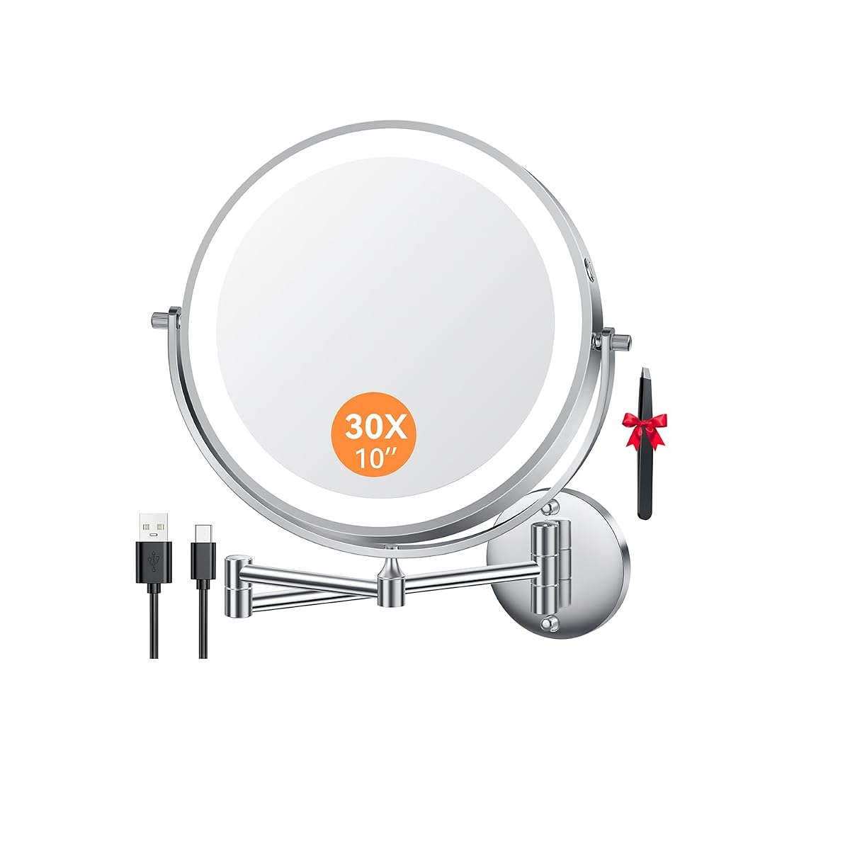 Miroir mural rond argenté avec éclairage LED et bras articulé dans une salle de bain claire.