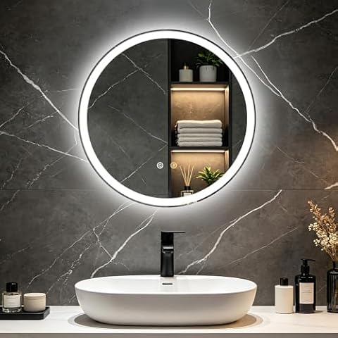 Miroir rond Olyvren à LED rétroéclairé sur un mur clair de salle de bain contemporaine.