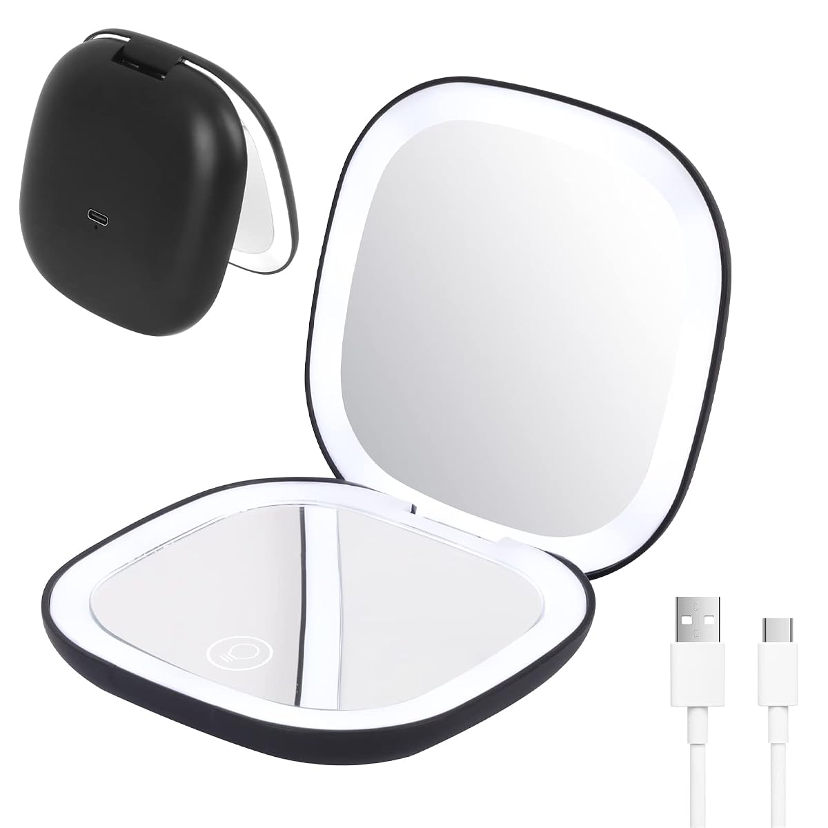 Miroir de poche noir pliant à double face, avec grossissement x10 et éclairage LED intégré