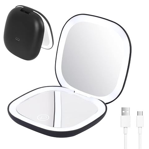 Miroir de poche noir pliant à double face, avec grossissement x10 et éclairage LED intégré