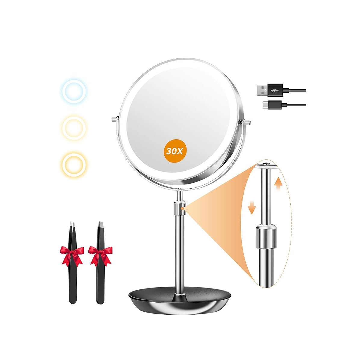 Miroir de maquillage argenté à poser, double face et hauteur réglable, sur un plan de toilette clair.