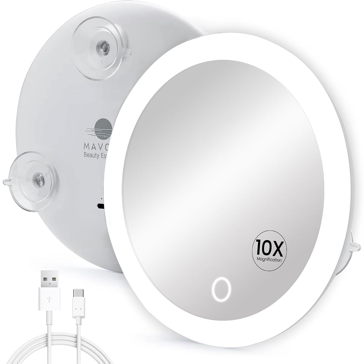 Miroir grossissant rond avec anneau LED fixé par ventouses sur une surface en pierre claire