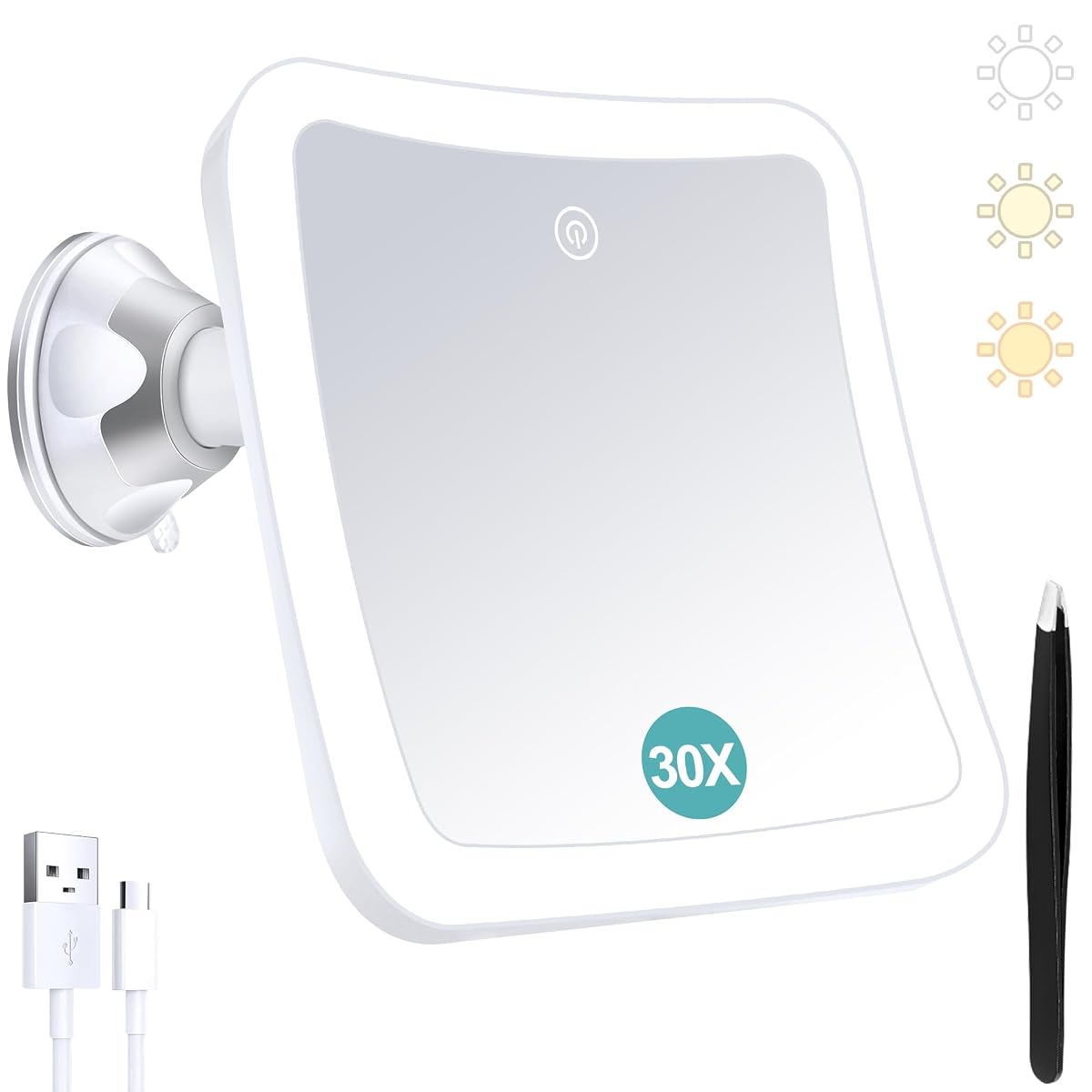 Miroir grossissant lumineux blanc à ventouse, orientable, fixé sur un mur lisse de salle de bain