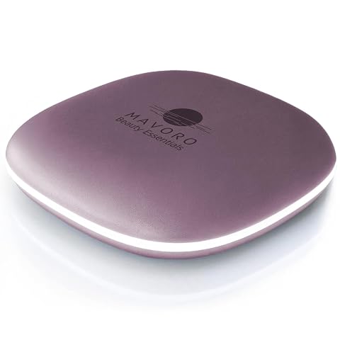 Miroir de voyage Mavoro violet ouvert avec éclairage LED et pochette en velours