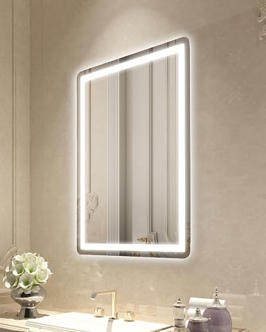 Miroir mural rectangulaire Vevor avec éclairage LED frontal et rétroéclairé dans une salle de bain claire
