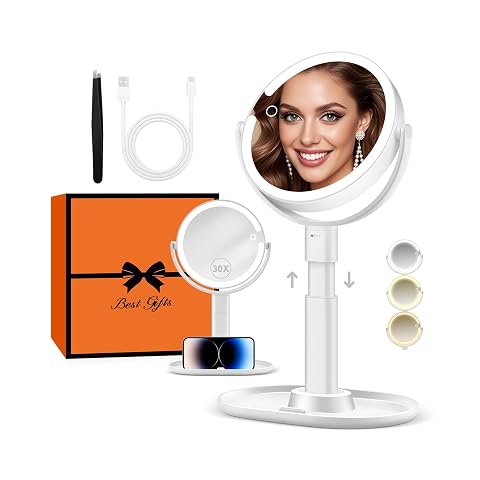 Miroir de maquillage blanc à poser avec éclairage LED, base de rangement et support pour téléphone