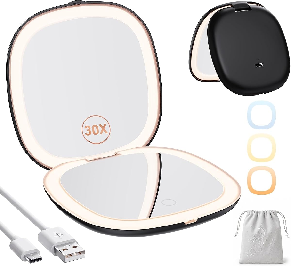Miroir de poche Auxmir noir pliable avec éclairage LED, pochette tissée et câble USB-C sur un plan clair.