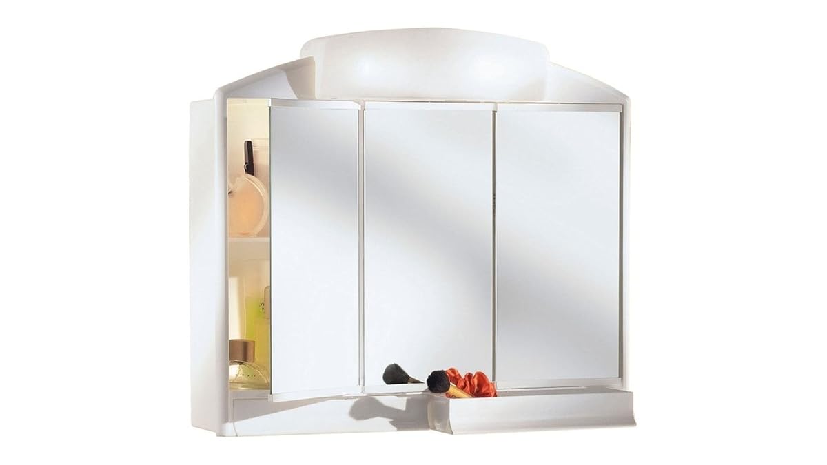 Armoire de toilette blanche à trois portes miroir, deux tiroirs et éclairage intégré