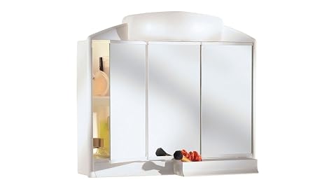 Armoire de toilette blanche à trois portes miroir, deux tiroirs et éclairage intégré