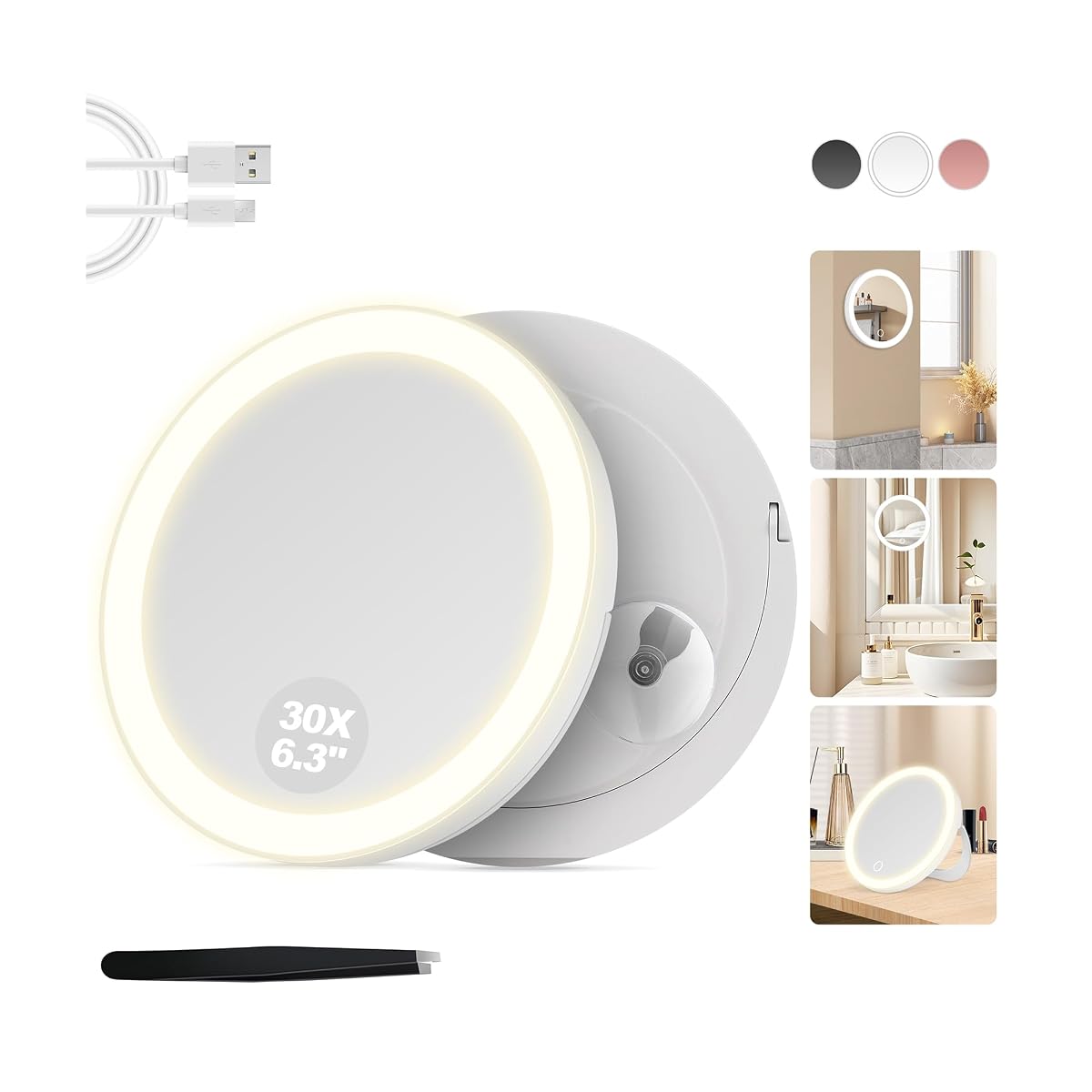 Miroir grossissant lumineux blanc à ventouse dans une salle de bain contemporaine aux tons clairs.