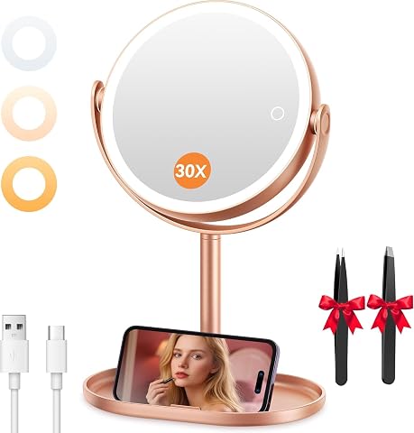 Miroir de maquillage Auxmir à poser, avec éclairage intégré, socle de rangement et support pour téléphone