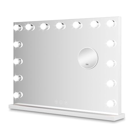 Miroir de maquillage blanc avec 18 ampoules LED, miroir grossissant et socle en métal