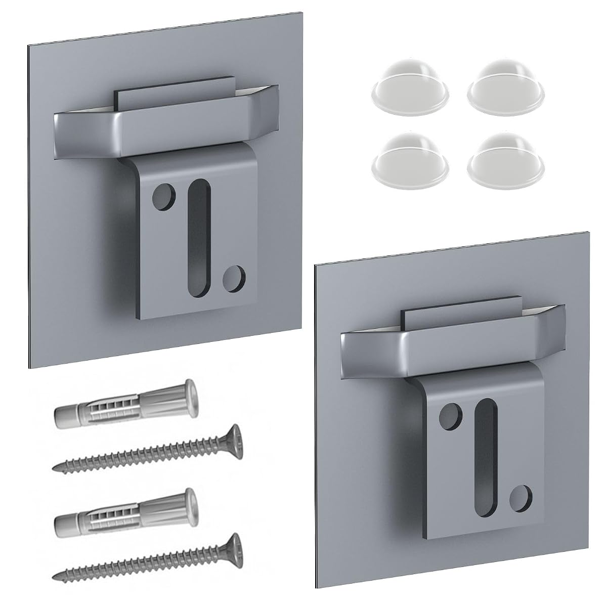 Kit de fixation pour miroir avec deux plaques adhésives, supports, vis, chevilles et blocs transparents