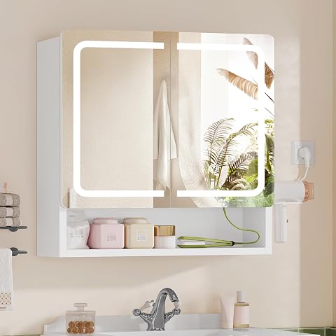 Armoire de toilette blanche à deux portes miroir, éclairage LED et support latéral pour sèche-cheveux