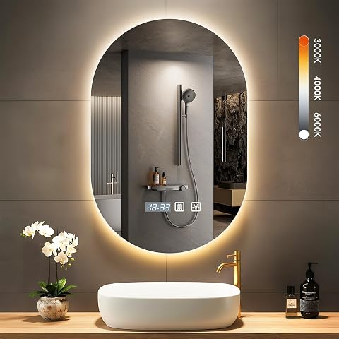 Miroir mural Sararoom à double coupole avec éclairage LED dans une salle de bain claire