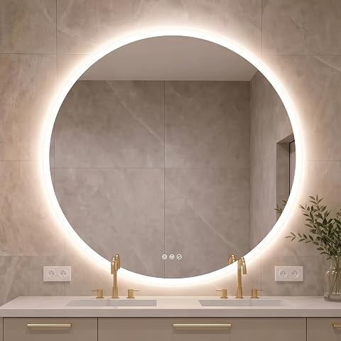 Miroir rond de salle de bain avec éclairage frontal et rétroéclairage doux sur un mur clair.