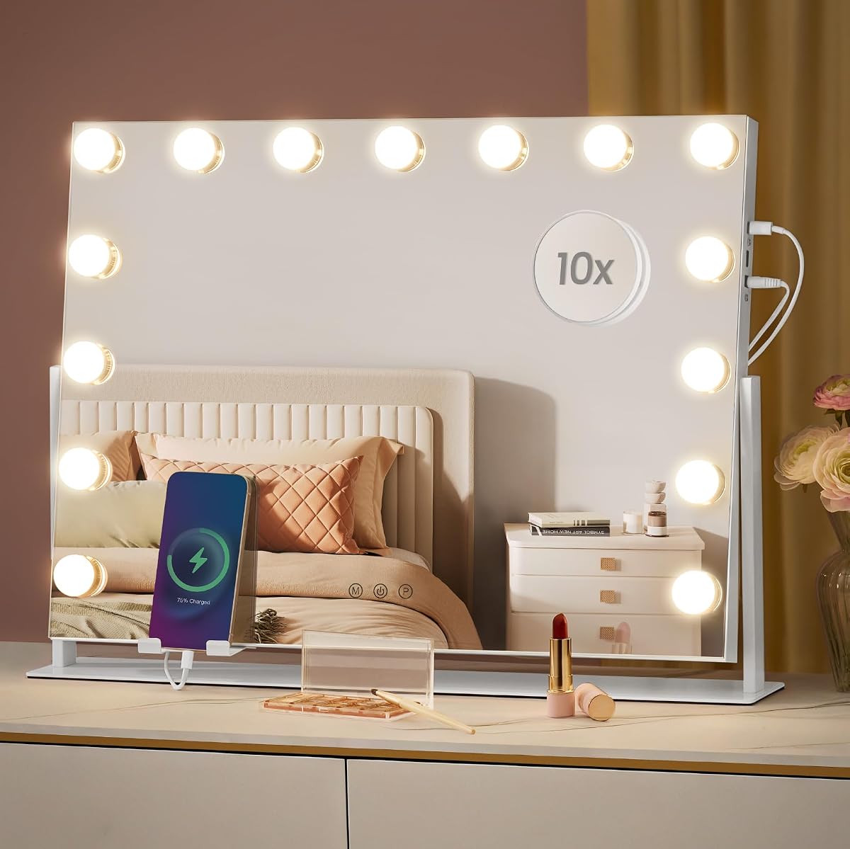 Miroir de maquillage blanc mat avec éclairage LED, miroir grossissant détachable et base à poser