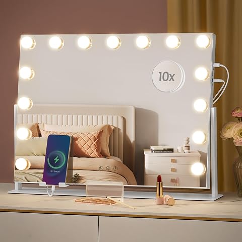 Miroir de maquillage blanc mat avec éclairage LED, miroir grossissant détachable et base à poser