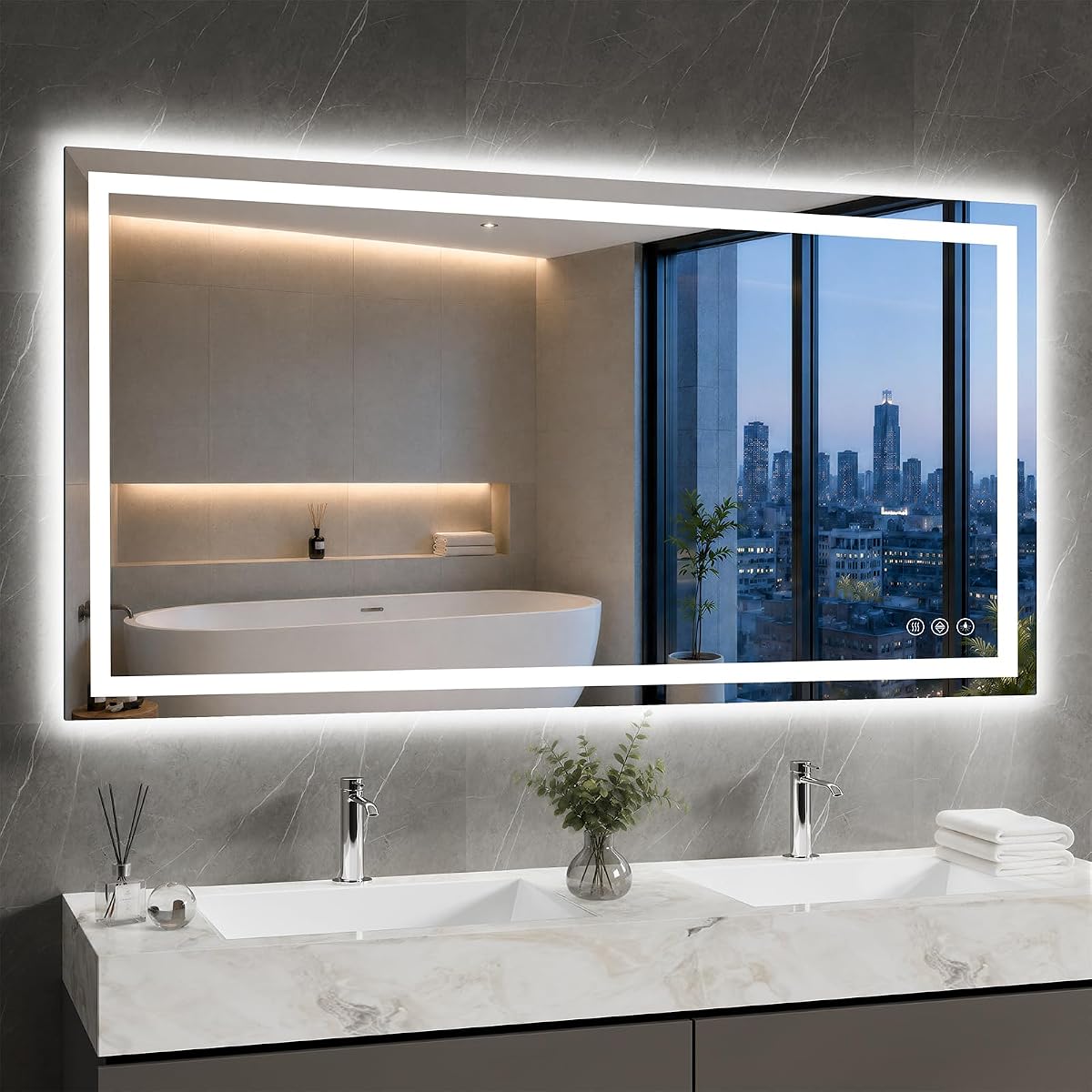 Miroir mural rectangulaire Xramfy avec éclairage LED frontal et halo rétroéclairé