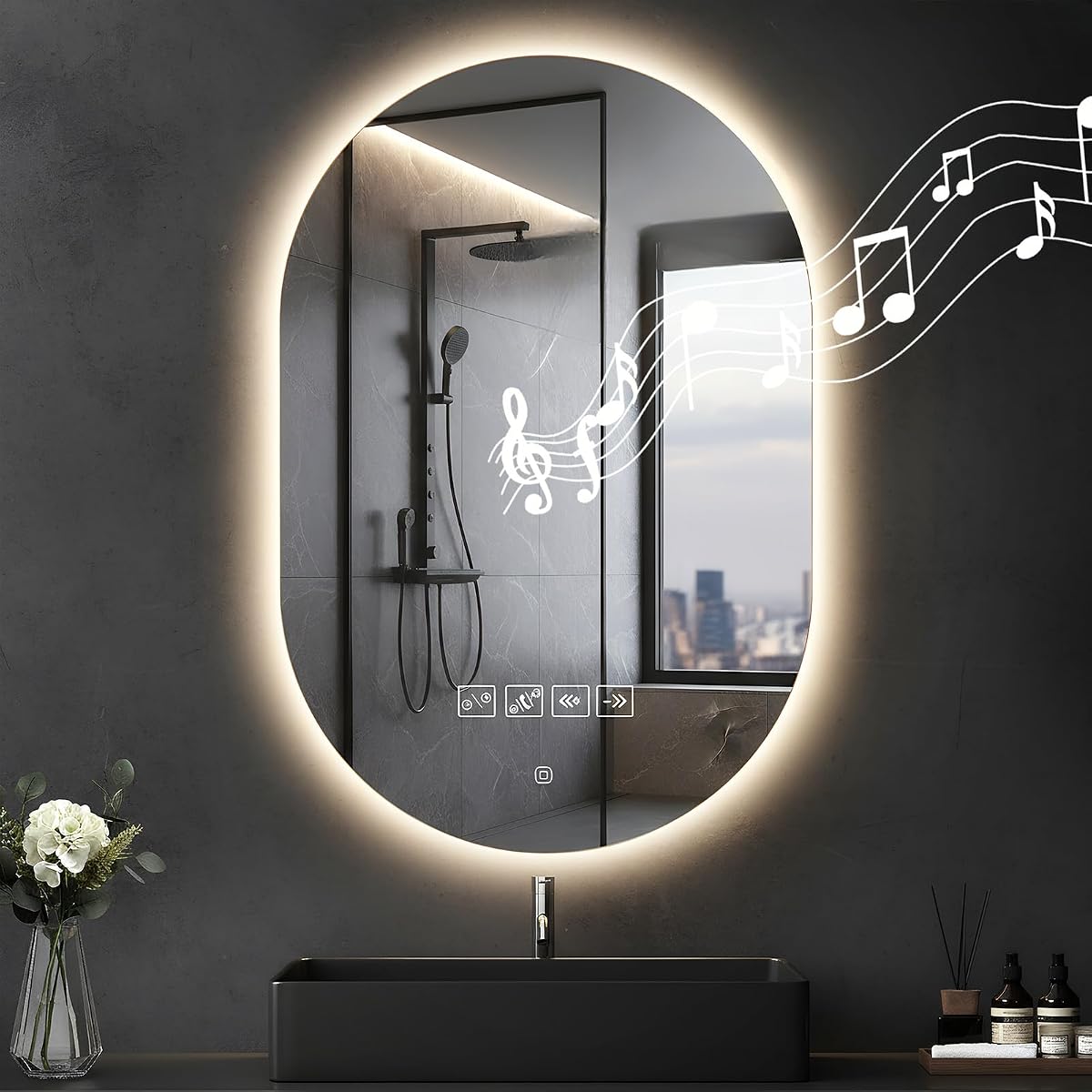 Miroir mural LED rectangulaire dans une salle de bain contemporaine aux tons clairs