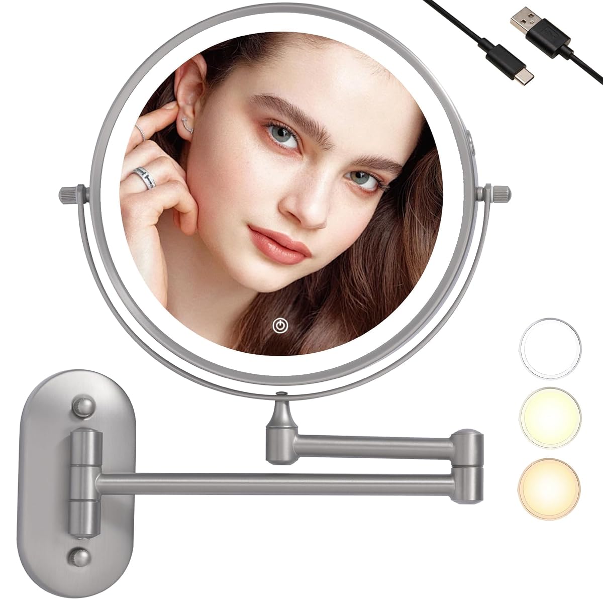 Miroir grossissant rond à ventouse, avec éclairage LED et bras articulé, sur un mur de salle de bain clair.