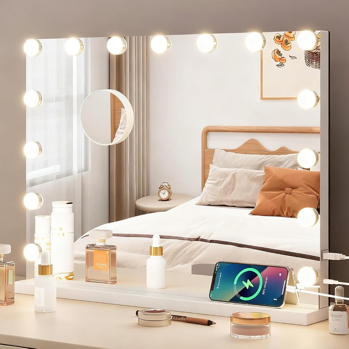 Miroir de maquillage blanc avec 15 LED, socle amovible et loupe grossissante 10x