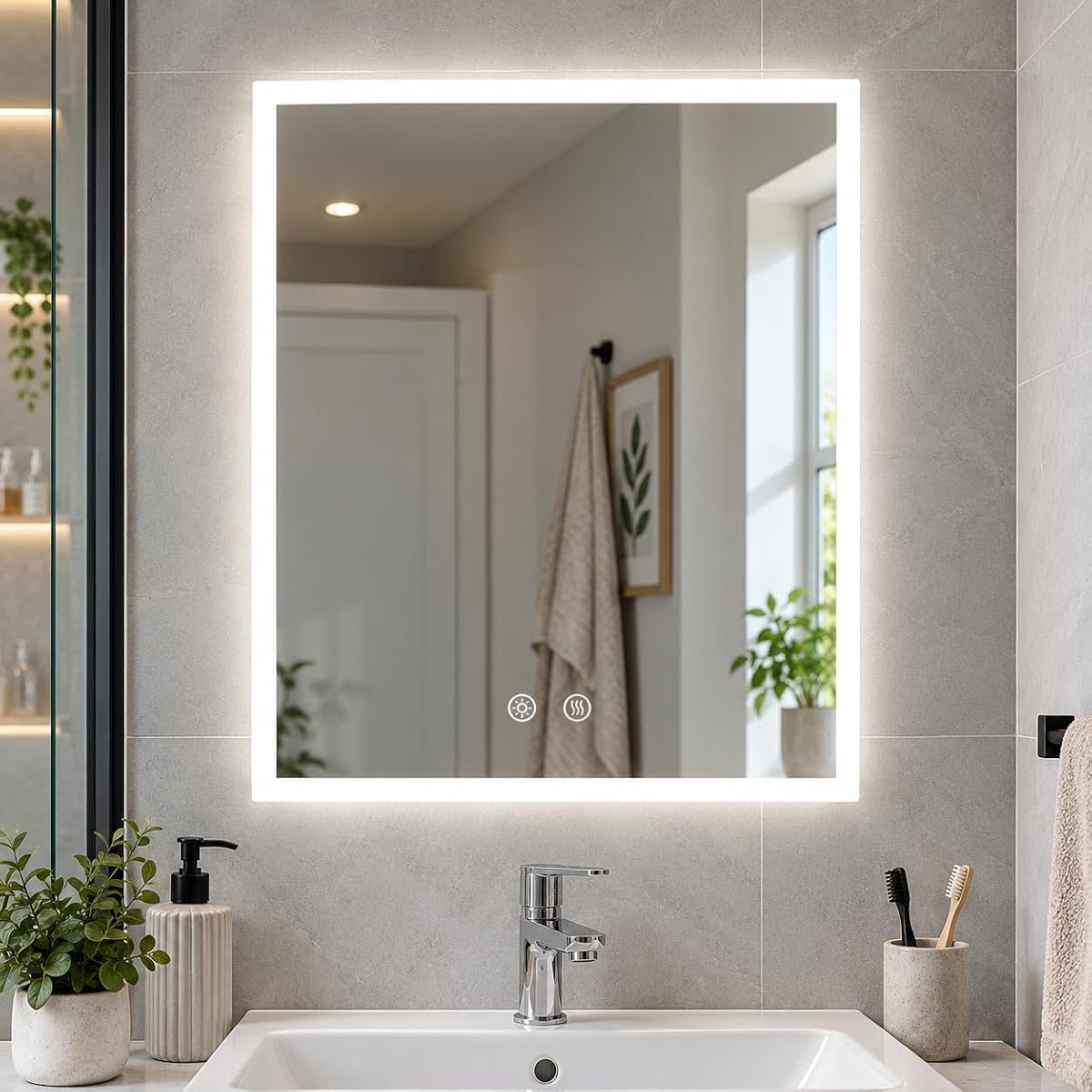 Miroir mural LED rétroéclairé Luvodi au-dessus d’un lavabo dans une salle de bain claire.