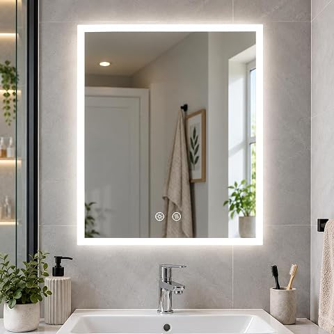Miroir mural LED rétroéclairé Luvodi au-dessus d’un lavabo dans une salle de bain claire.