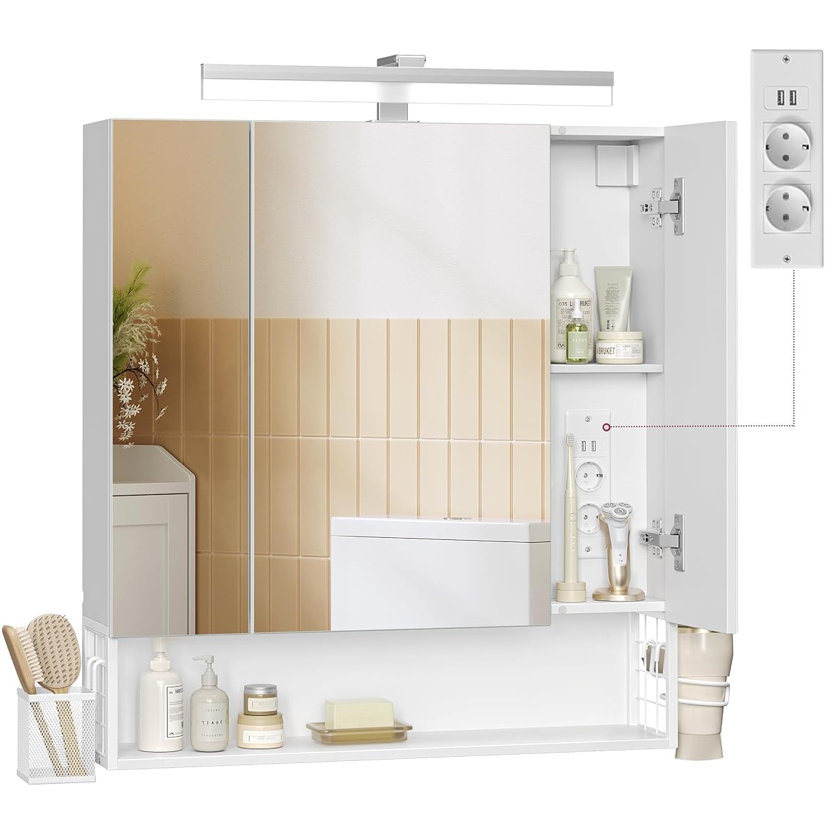 Armoire de toilette murale Vasagle avec miroir à trois portes, bande LED et rangements intégrés.