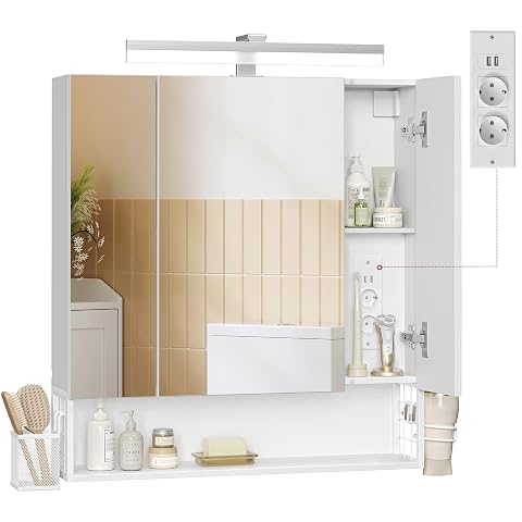Armoire de toilette murale Vasagle avec miroir à trois portes, bande LED et rangements intégrés.