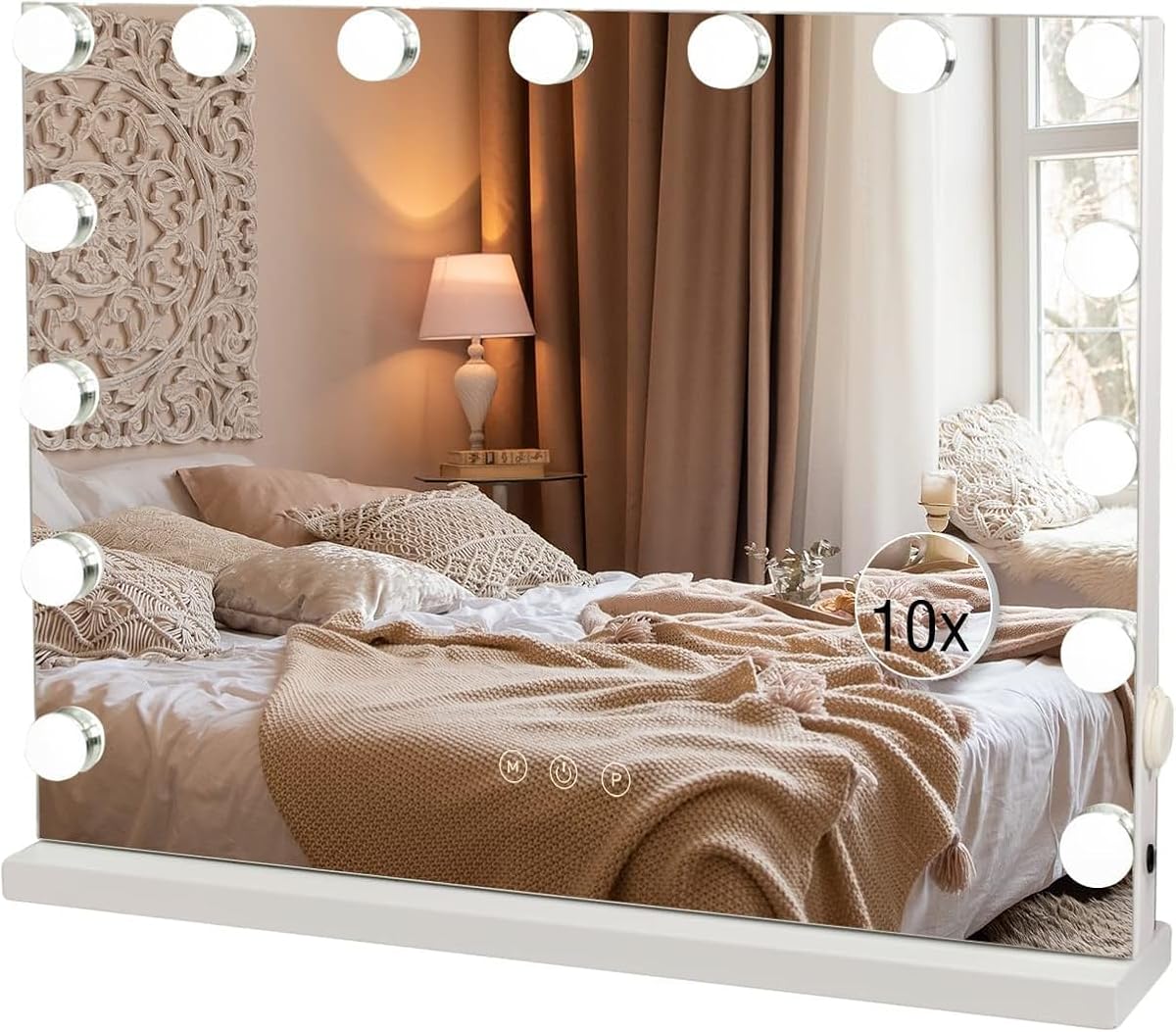 Miroir de maquillage blanc à 15 LED avec mini miroir grossissant aimanté, installé au mur