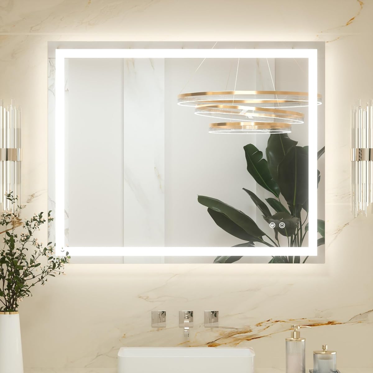 Miroir mural rectangulaire sans cadre avec éclairage LED à l’avant et halo arrière doux