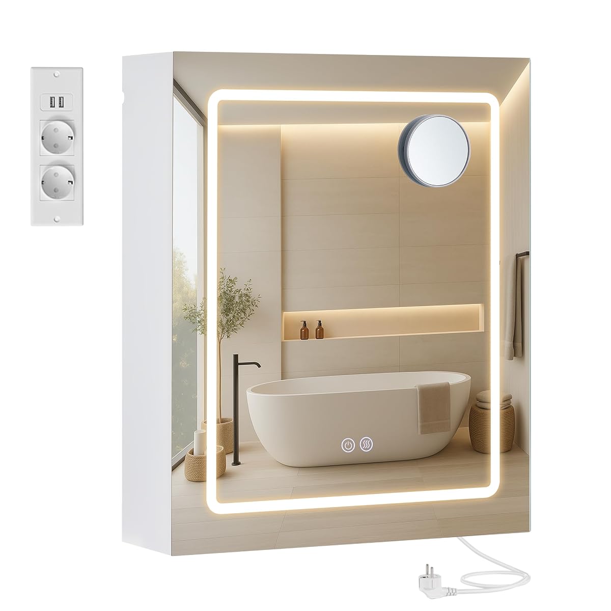 Armoire de toilette blanche avec miroir LED et rangement intérieur dans une salle de bain claire