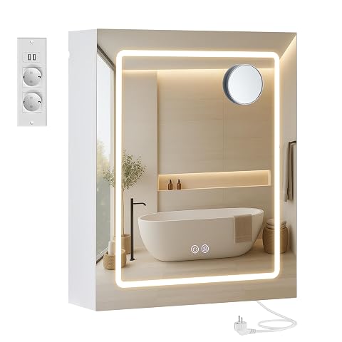 Armoire de toilette blanche avec miroir LED et rangement intérieur dans une salle de bain claire