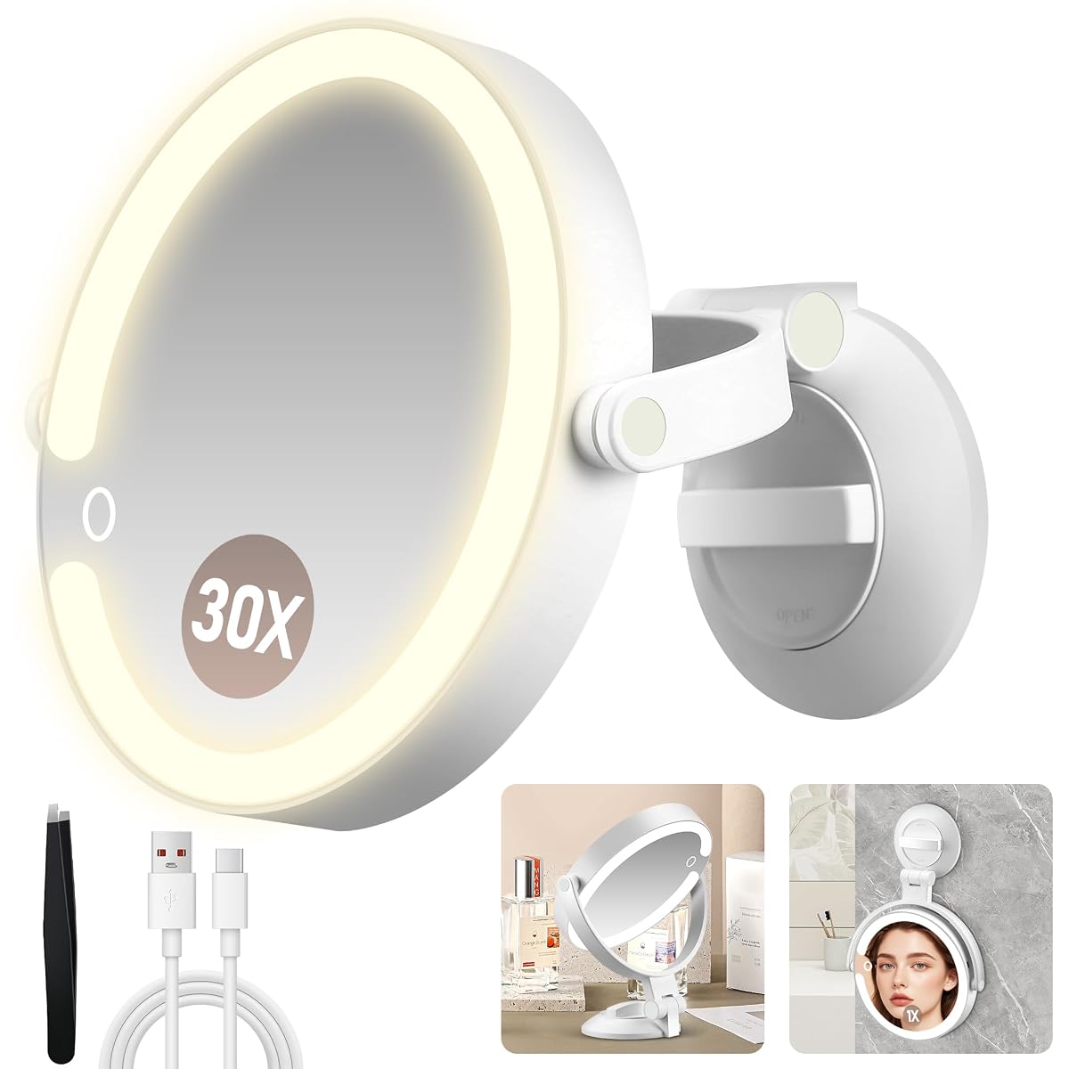 Miroir grossissant rond blanc à double face, éclairé et fixé par ventouse sur un miroir de salle de bain.