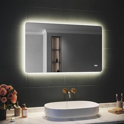Miroir lumineux rectangulaire Sirhona installé à l’horizontale dans une salle de bain contemporaine