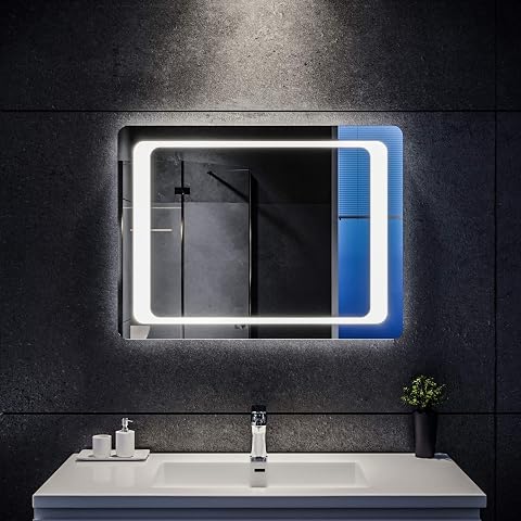 Miroir mural Sirhona à éclairage LED périphérique installé dans une salle de bain claire