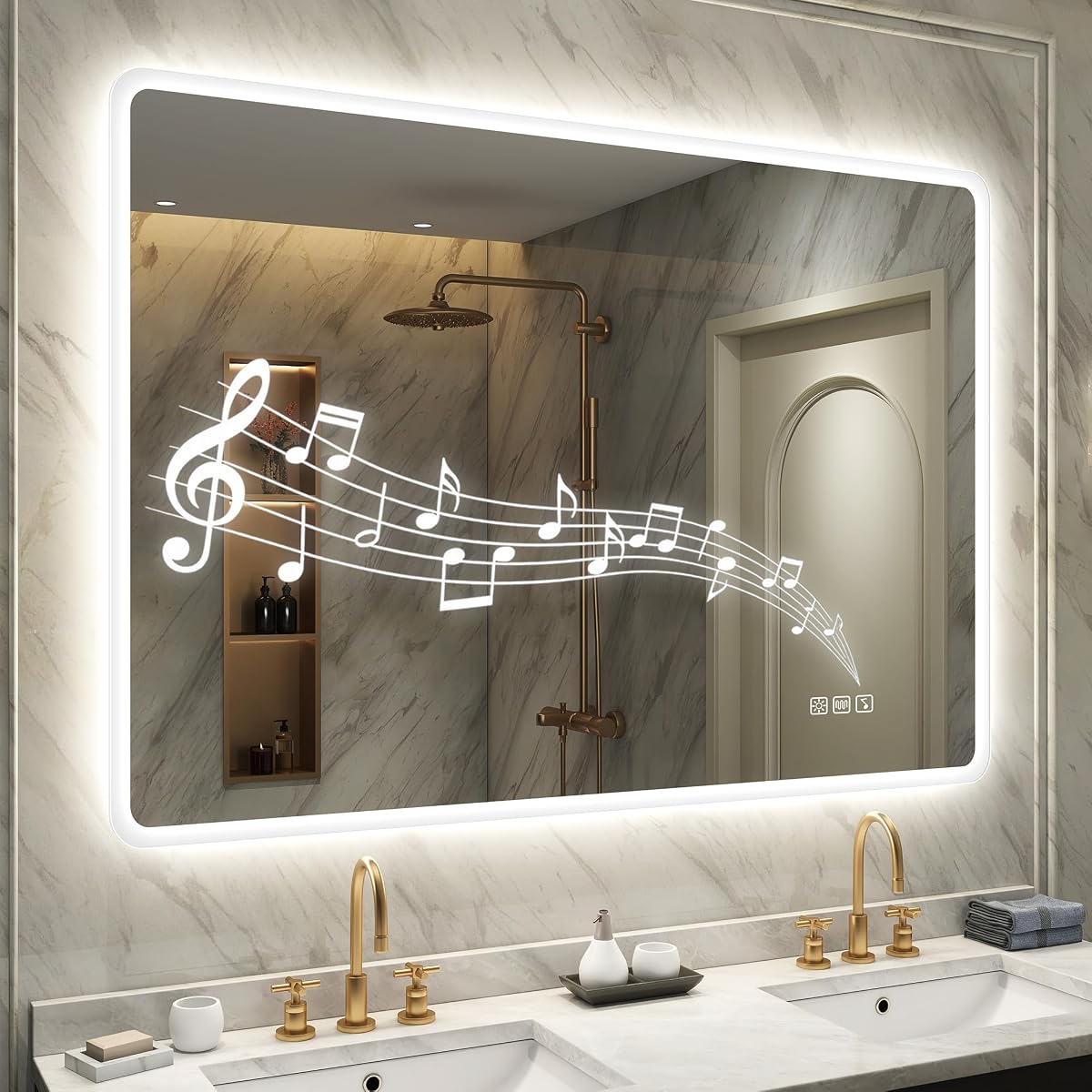 Miroir mural Starlead de 100 × 70 cm avec éclairage LED frontal dans une salle de bain contemporaine