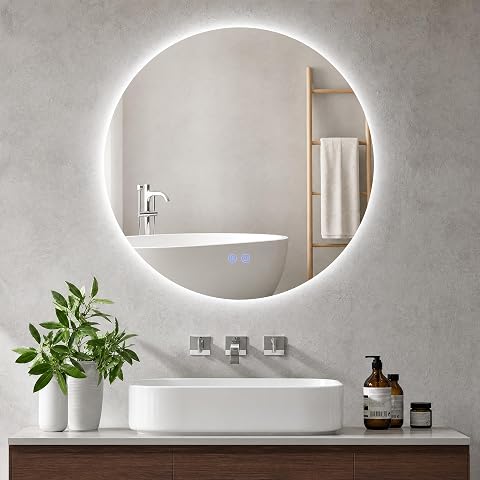 Miroir mural rond de 70 cm avec éclairage LED dans une salle de bain contemporaine
