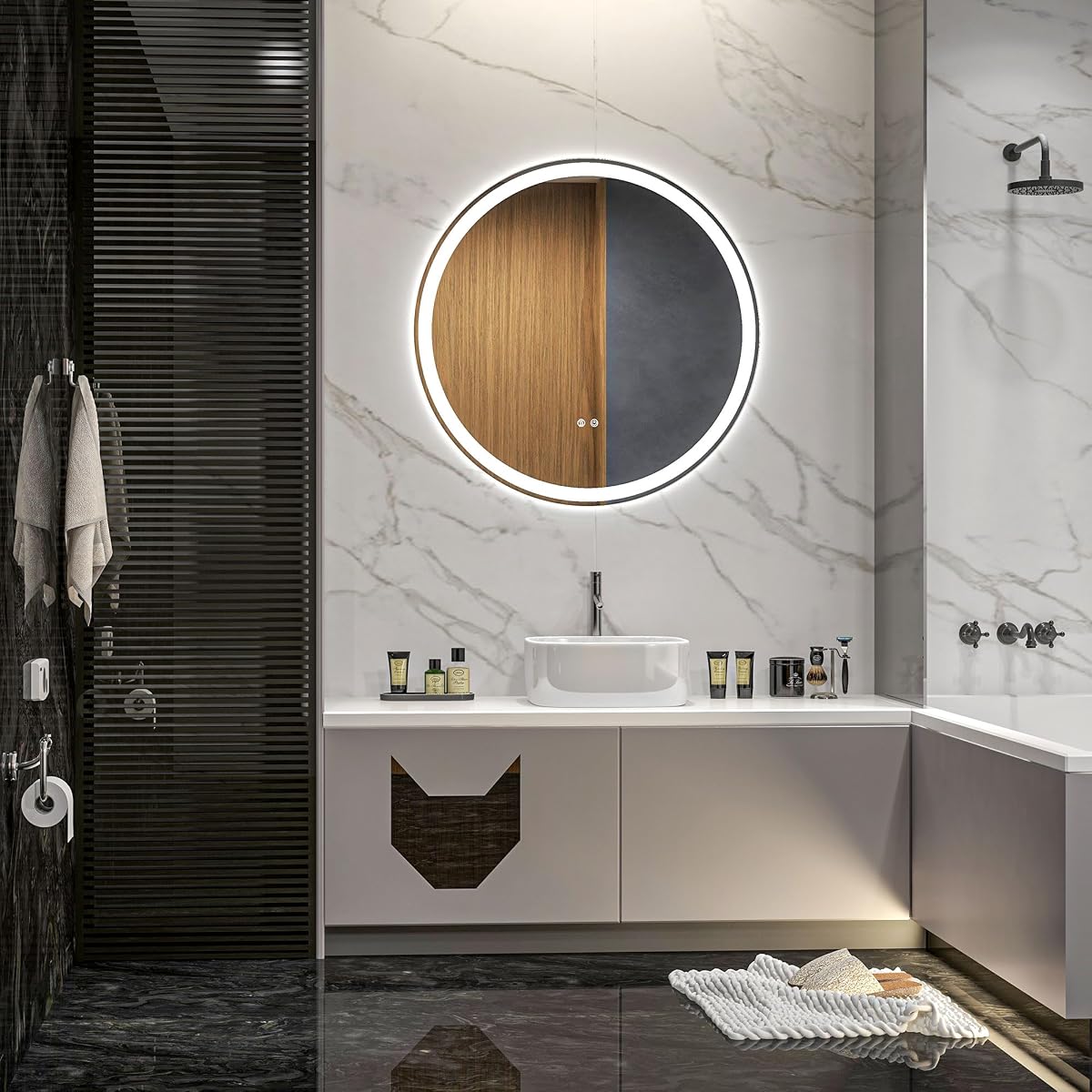 Miroir rond Kleankin à éclairage LED frontal fixé sur un mur de salle de bain en pierre claire.