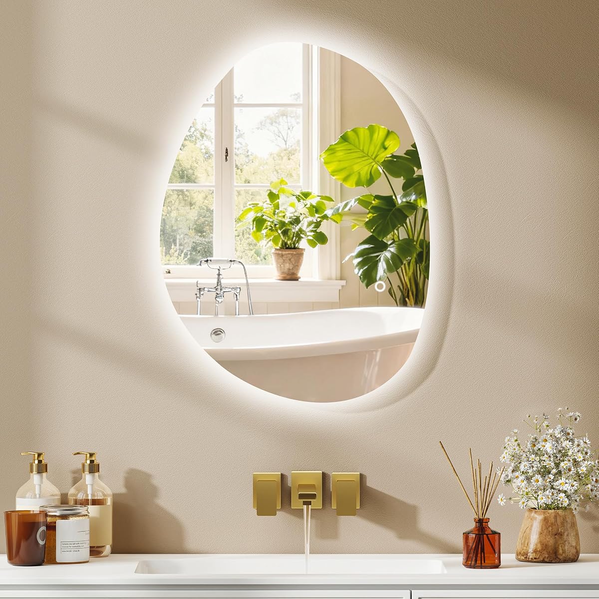 Miroir mural asymétrique rétroéclairé par LED dans une salle de bain contemporaine claire