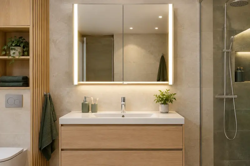 Armoire de toilette lumineuse installée au-dessus d’un lavabo clair