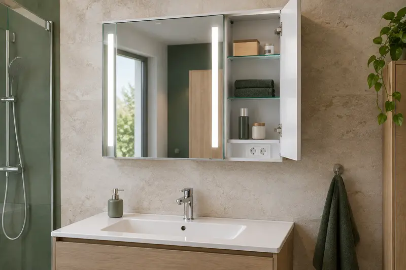 Armoire de toilette lumineuse avec prise intégrée près du lavabo