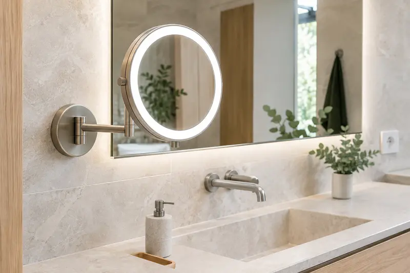 Miroir grossissant lumineux articulé près d’un lavabo de salle de bain