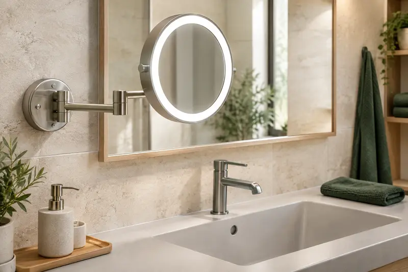 Miroir grossissant lumineux mural avec bras articulé déployé