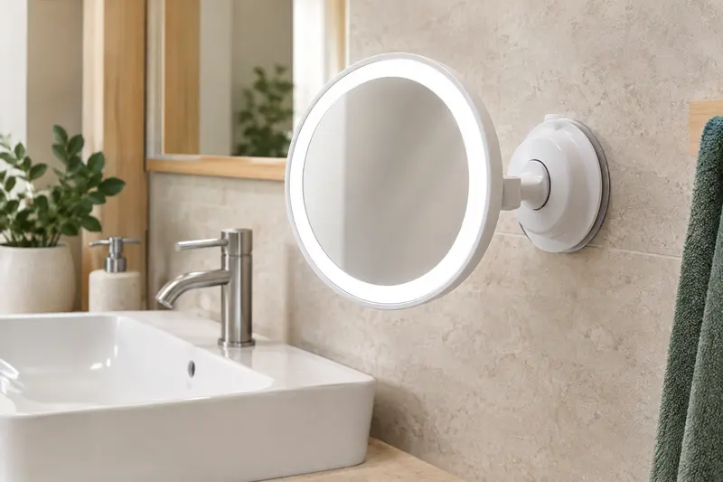 Miroir grossissant lumineux à ventouse fixé près d’un lavabo