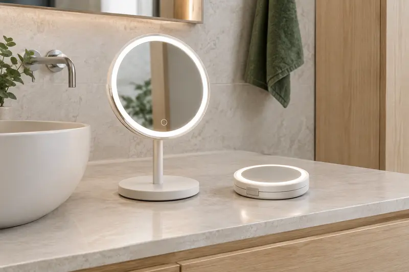 Miroir lumineux de maquillage à poser et modèle compact de voyage
