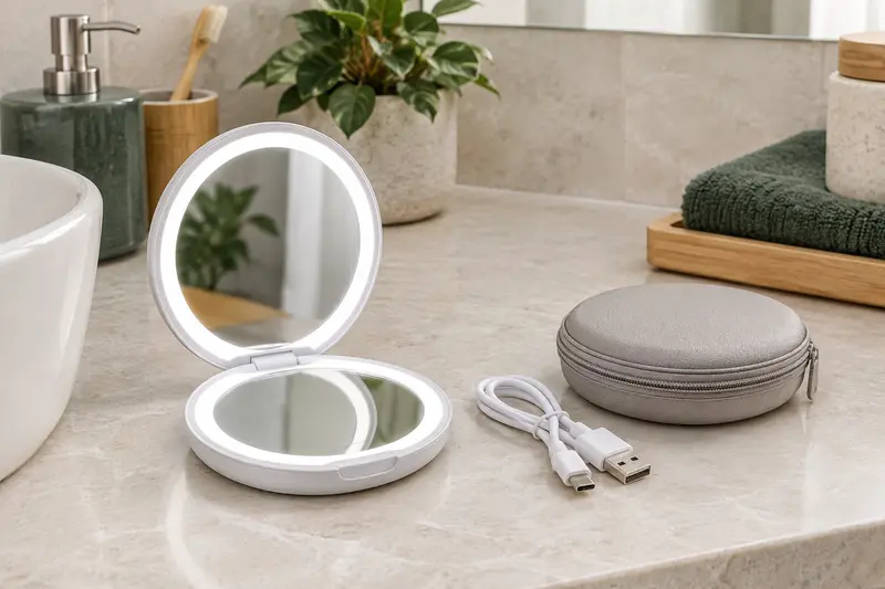 Miroir lumineux de voyage rechargeable ouvert près de son câble