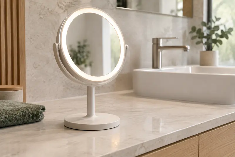 Miroir de maquillage lumineux posé sur un meuble de salle de bain